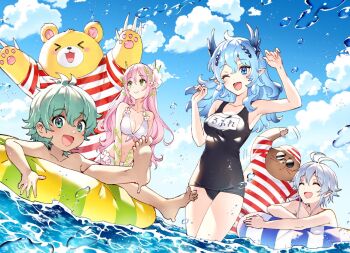 &gt;_&lt; 2boys 2girls :d :o ;d antenna_hair aqua_eyes aqua_hair armpits barefoot bear bikini black_one-piece_swimsuit blue_sky breasts cleavage closed_eyes cloud deokure_tamer_no_sonohigurashi dorimo familiar flower glasses green_eyes green_hair grey_hair hair_flower hair_ornament hands_up kumama_(deokure_tamer_no_sonohigurashi) long_hair mole_(animal) multiple_boys multiple_girls name_tag nardack novel_illustration ocean official_art olto one-piece_swimsuit one_eye_closed open_mouth pink_hair pointy_ears reflet_(deokure_tamer_no_sonohigurashi) sakura_(deokure_tamer_no_sonohigurashi) sasaki_yuta_(deokure_tamer_no_sonohigurashi) second-party_source sitting sky smile splatter standing striped_jumpsuit swim_ring swimsuit v_arms wading