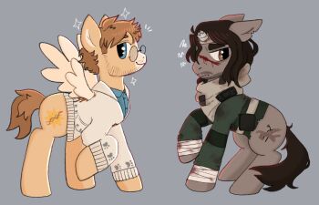 Rule 34 | 2boys, animalization, bandaged arm, bandages, beard stubble, blood, blood on face, blue eyes, blue shirt, broken horn, brown eyes, brown hair, coat, collared shirt, crossover, cutie mark, facial hair, feathered wings, from side, full body, genre connection, highres, horns, hyenawrites, iron lung (movie), looking to the side, multiple boys, my little pony, my little pony: friendship is magic, open clothes, open coat, pegasus, project hail mary, round eyewear, ryland grace, scarf, shirt, simon (iron lung), stubble, unicorn, white coat, wings