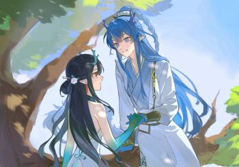 2girls alternate_costume arknights black_hair blue_eyes blue_hair colored_skin dragon_girl dragon_horns dragon_tail dusk_(arknights) green_hands green_horns green_skin highres holding_hands horns ling_(arknights) looking_at_another ludou_wa_bo_bo multiple_girls pointy_ears red_eyes siblings sisters sleeveless tail