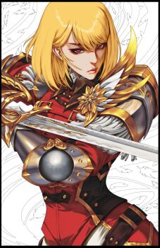 1girl armor belt blonde_hair bodysuit cha_hae-in commentary english_commentary fighting_stance gauntlets hair_behind_ear highres holding holding_sword holding_weapon purple_eyes red_bodysuit short_hair shoulder_armor solo solo_leveling sword weapon wizyakuza