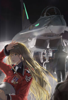 1girl 2boys absurdres aircraft airplane black_collar blonde_hair blue_eyes chevron_(symbol) collar commentary_request eurofighter_typhoon fighter_jet grey_helmet hand_on_own_head helmet highres holding holding_unworn_helmet jacket li_(m4a1sparkle) long_hair looking_at_viewer medal military_uniform military_vehicle multiple_boys necktie night open_mouth original red_jacket unworn_headwear unworn_helmet white_necktie