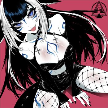 1girl absurdres all_fours alternate_costume animal_ears bare_shoulders belt black_belt black_hair black_nails black_skirt black_sleeves blunt_bangs body_markings breasts cat_ears cetacean_tail cleavage collarbone cross dizzle fang fins fish_tail fishnets goth_fashion greyscale halterneck highres indie_virtual_youtuber large_breasts long_hair long_sleeves midriff monochrome multicolored_hair navel partially_colored purple_eyes red_background shylily sidelocks sitting skirt sleeves_past_wrists solo streaked_hair tail teeth tongue tongue_out upper_teeth_only virtual_youtuber white_hair