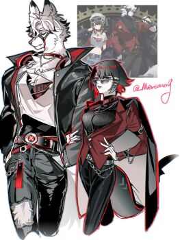 1boy 1girl alternate_costume animal_ear_fluff animal_ears bicep_strap black_coat black_hair black_jacket black_pants black_sweater body_fur breasts chain closed_eyes closed_mouth coat coat_on_shoulders collar colored_inner_hair colored_tips commentary_request cowboy_shot cropped_legs ellen_joe fang fins fish_tail furry furry_male hand_on_own_hip hands_in_pockets highres holding_another's_arm jacket jewelry large_breasts looking_at_viewer looking_over_eyewear mensang mole mole_under_eye multicolored_hair muzzle_(mask) necklace open_clothes pants parted_lips razor_blade_hair_ornament red_nails red_shirt reference_inset scar scar_on_tail shark_girl shark_tail shirt short_hair simple_background sunglasses sweater tail torn_clothes torn_pants turtleneck turtleneck_sweater twitter_username von_lycaon white_background white_fur white_hair white_shirt wolf_boy wolf_ears wolf_tail zenless_zone_zero