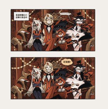 2boys 3girls angel_dust arthropod_boy blonde_hair cat_boy charlie_morningstar couch demon_boy demon_girl furry furry_male hazbin_hotel hellaverse highres husk_(hazbin_hotel) juanmao long_hair multiple_boys multiple_girls niffty_(hazbin_hotel) sitting spider_boy vaggie white_hair