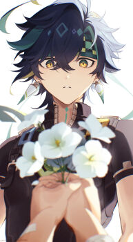 1boy 1other black_hair black_shirt collared_shirt commentary_request earrings flower genshin_impact green_hair headband highres holding holding_flower isofishtsu jewelry kinich_(genshin_impact) looking_at_flowers male_focus multicolored_eyes multicolored_hair parted_bangs parted_lips piercing shirt short_hair short_sleeves simple_background solo_focus streaked_hair teeth unzipped upper_body white_background white_flower