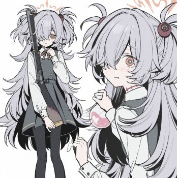1girl antique_firearm black_pantyhose blue_archive blunderbuss brown_ribbon buttons collared_shirt diagonal-striped_ribbon dithering double-breasted dress firearm flask flat_chest grey_dress grey_hair gun hair_ornament hair_over_one_eye halo highres holding holding_flask holding_gun holding_weapon kanoe_(blue_archive) long_bangs long_hair long_sleeves looking_at_viewer looking_back m4k3inu messy_hair mojyo multiple_views orange_eyes orange_halo pantyhose parted_bangs parted_lips pinafore_dress puffy_long_sleeves puffy_sleeves ribbon round-bottom_flask scar scar_on_neck shirt short_twintails sidelocks sideways_glance sleeve_cuffs sleeveless sleeveless_dress solo sphere_hair_ornament twintails very_long_hair weapon white_shirt wide-eyed