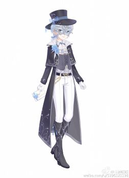 1girl artist_request ascot belt belt_buckle black_belt black_boots black_capelet black_coat black_hat blue_bow blue_eyes blue_flower blue_rose boots bow buckle capelet closed_mouth coat collared_shirt dress_pants envelope flower full_body gloves grey_hair grey_mask grey_vest hair_bow happy hat hat_bow highres holding holding_envelope knee_boots lips long_hair long_sleeves looking_at_viewer low_ponytail mask masquerade_mask miracle_nikki nikki_(series) official_art open_clothes open_coat pants pink_lips pinstripe_pattern pinstripe_shirt ponytail reverse_trap rose second-party_source shirt simple_background smile solo standing top_hat vest white_ascot white_background white_gloves white_pants white_shirt wrist_belt