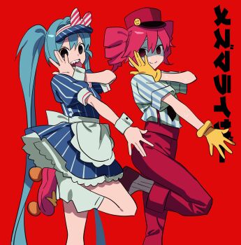 2girls apron betti_(xx_betti) black_necktie blue_dress blue_hair cowboy_shot crazy dress empty_eyes frilled_dress frills gloves hat hatsune_miku highres kasane_teto long_hair mesmerizer_(vocaloid) multiple_girls necktie open_mouth pink_eyes pink_hair pink_hat red_background roller_skates sharp_teeth shirt simple_background skates smile song_name standing standing_on_one_leg striped_clothes striped_shirt teeth tongue tongue_out twintails utau very_long_hair visor_cap vocaloid waist_apron yellow_gloves