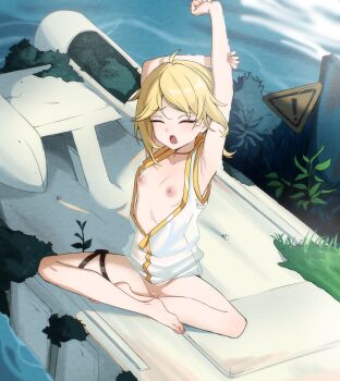 1girl armpits arms_up blonde_hair bottomless breasts censored cleft_of_venus closed_eyes feet female_focus heart heart_censor indian_style jacket kagironsfw loli navel nipples open_clothes open_jacket open_mouth outdoors plant pussy sign sitting small_breasts solo stretching toes water