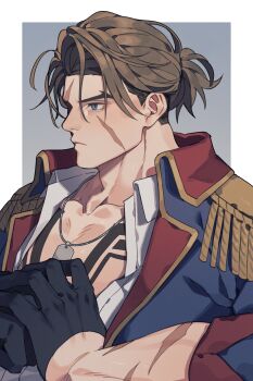 1boy absurdres alternate_costume alternate_hair_length alternate_hairstyle black_gloves blue_eyes brown_hair chest_tattoo closed_mouth collarbone collared_jacket collared_shirt commentary_request dog_tags epaulettes facial_scar forked_eyebrows from_side frown gloves highres jacket lapels luke_sullivan male_focus multiple_scars open_clothes open_collar open_shirt own_hands_together ponytail prat_rat profile scar scar_across_eye scar_on_arm scar_on_cheek scar_on_face shirt short_ponytail solo street_fighter street_fighter_6 tattoo two-sided_fabric two-sided_jacket white_shirt wing_collar