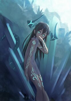 1girl absurdres akemiya_genma aqua_eyes black_hair body_markings commentary covering_own_mouth dragon_girl dragon_tail from_side glowing_markings highres leaning_back leaning_on_object long_hair looking_at_viewer naked_tabard navel original see-through_clothes solo tabard tail
