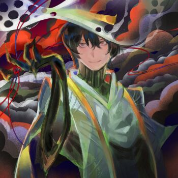 1boy black_bodysuit black_eyes black_hair bodysuit closed_mouth commentary english_commentary hand_up hat highres kefir1704 limbus_company looking_to_the_side male_focus project_moon red_ribbon ribbon smile solo tunic white_hat white_tunic yi_sang_(project_moon)