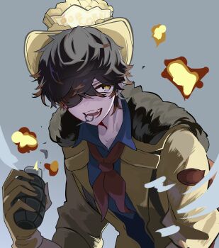 Rule 34 | 1boy, absurdres, blue shirt, brown hair, colored tips, explosive, eyepatch, fangs, florian brand, florian brand (puffing), fur-trimmed jacket, fur trim, gloves, grenade, grenade pin in mouth, grey background, hat, highres, jacket, looking back, male focus, multicolored hair, neckerchief, official alternate costume, potechi (kaoriion613), red neckerchief, shirt, solo, yellow eyes, yellow gloves, yellow hat, yellow jacket