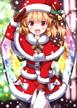 1girl :d arm_up belt black_belt blonde_hair blurry blurry_background blush bow bowtie brown_bow brown_bowtie capelet christmas commentary_request completion_time cowboy_shot crystal_wings dot_nose dress dress_bow flandre_scarlet fur-trimmed_capelet fur-trimmed_dress fur-trimmed_headwear fur-trimmed_sleeves fur_trim gloves hat highres holding holding_sack long_sleeves looking_at_viewer medium_hair multicolored_wings open_mouth red_capelet red_dress red_eyes red_gloves red_hat ruu_(tksymkw) sack santa_costume santa_dress santa_hat smile solo touhou white_bow wings