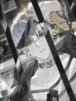 1boy bags_under_eyes blindfold blindfold_lift blue_eyes chain chinese_commentary collar collarbone cuffs ear_piercing earrings greyscale hair_between_eyes handcuffs heterochromia highres indoors iron_bars jacket jewelry lapels long_sleeves looking_at_viewer love_and_producer male_focus monochrome notched_lapels open_clothes open_jacket parted_lips piercing portrait prison prison_clothes recording_audio screen shirt short_hair solo spot_color striped_clothes striped_shirt torn_clothes torn_shirt voice_recorder watermark weibo_watermark xiandao1213 yellow_eyes zhou_quiluo