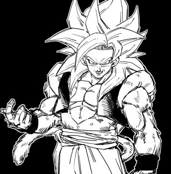 Rule 34 | 1boy, biceps, big hair, black background, body fur, commentary request, cowboy shot, dragon ball, dragon ball gt, gogeta, greyscale, grin, kouji08250, looking at viewer, metamoran vest, monkey tail, monochrome, muscular, muscular male, outline, sash, smile, solo, spiked hair, super saiyan, super saiyan 4, tail, teeth, vest, white outline, wristband
