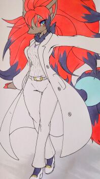 025aki 1girl absurdres animal_ears arm_at_side arm_up belt black_hair black_socks blue_eyes blush body_fur breasts buttons closed_mouth coat colored_tips crossed_legs female_focus furry furry_female gem gen_5_pokemon grey_fur hair_ornament happy high_heels highres jewelry long_hair looking_at_viewer medium_breasts multicolored_hair neck_fur necklace nintendo open_clothes open_coat outstretched_arm pants pocket pokemon pokemon_(creature) purple_gemstone red_hair ribbed_shirt shirt shirt_tucked_in shoes sidelocks simple_background smile snout socks solo sphere_hair_ornament split_mouth traditional_media two-tone_hair very_long_hair watson_cross white_background white_coat white_pants white_shirt white_shoes wolf_ears wolf_girl zoroark