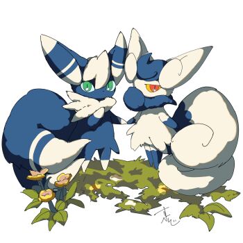 blue_fur cat colored_sclera flower gen_6_pokemon green_eyes hashtag-only_commentary highres meowstic meowstic_(female) meowstic_(male) multiple_tails neck_fur nintendo pokemon pokemon_(creature) pokemon_xy red_eyes supiraji_penpen tail two-tone_fur two_tails white_background white_fur yellow_sclera