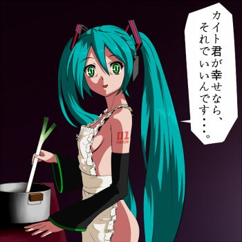 Rule 34 | 1girl, apron, aqua hair, bad id, bad pixiv id, breasts, cooking, crazy eyes, detached sleeves, elbow gloves, female focus, gloves, green eyes, green hair, hatsune miku, long hair, matching hair/eyes, naked apron, parody, pot, shiihaku, shuffle!, sideboob, small breasts, solo, spring onion, staring, text focus, translation request, twintails, very long hair, vocaloid, yandere