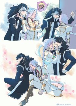 2boys ace_attorney bags_under_eyes bead_necklace beads bindi black_coat black_hair black_jacket black_necktie boots braid braided_ponytail brown_boots closed_eyes coat crossed_arms eye_contact facial_mark frown green_eyes grey_eyes hand_on_another's_face highres jacket jewelry klavier_gavin kuranne long_hair looking_at_another low_ponytail male_focus multiple_boys multiple_views nahyuta_sahdmadhi necklace necktie pants parted_lips phoenix_wright:_ace_attorney_-_spirit_of_justice ponytail purple_hair robe shawl shirt simon_blackquill sitting sleeveless sleeveless_coat smile spoken_character twitter_username white_pants white_robe white_shawl white_shirt yaoi