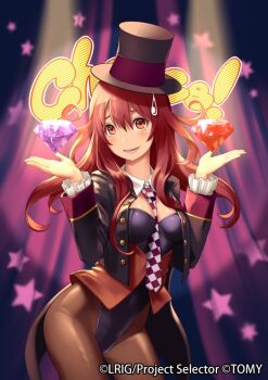 1girl between_breasts black_hat black_leotard black_pantyhose blush breasts cleavage copyright_notice detached_collar gloves hat i-la leotard long_hair looking_at_viewer medium_breasts necktie necktie_between_breasts official_art pantyhose red_eyes red_hair smile solo sweatdrop top_hat white_gloves white_necktie wixoss