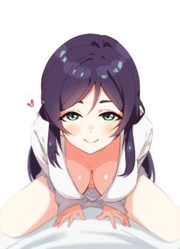 1girl breasts cleavage downblouse extended_downblouse good_morning_my_brother_(meme) gozuu hanging_breasts heart highres large_breasts leaning_forward looking_at_viewer love_live! love_live!_school_idol_project meme no_bra scene_reference sitting smile solo thick_thighs thighs tojo_nozomi tokidoki_bosotto_roshia-go_de_dereru_tonari_no_alya-san