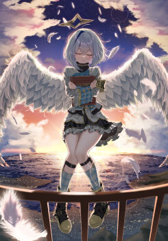 1girl absurdres amane_kanata amane_kanata_(1st_costume) angel angel_wings armband black_dress black_shoes blue_hair book closed_eyes closed_mouth cloud commentary_request cropped_jacket dress grey_hair hair_intakes halo highres holding holding_book hololive jacket medium_hair shoes solo star_halo twilight virtual_graduation_commemoration virtual_youtuber water white_jacket wings yellow_armband yuno_usagi