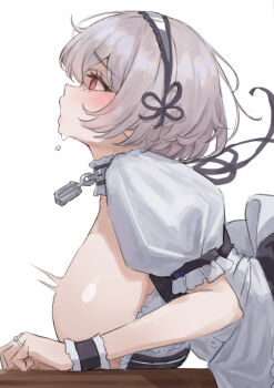 1girl absurdres anchor_ornament apron azur_lane bent_over blush breasts classic_(zildjian33) commentary_request frilled_sleeves frills from_side grey_hair grey_hairband hairband highres huge_breasts implied_sex jewelry neck_garter open_mouth profile puffy_short_sleeves puffy_sleeves red_eyes ring short_hair short_sleeves sideboob simple_background sirius_(azur_lane) solo table upper_body wedding_ring white_background wrist_cuffs