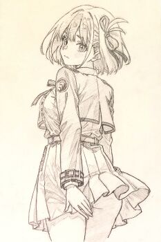 1girl absurdres ass commentary_request covering_ass covering_privates from_behind graphite_(medium) greyscale highres i4teruz jacket looking_back lycoris_recoil lycoris_uniform monochrome nishikigi_chisato pleated_skirt short_hair skirt solo traditional_media