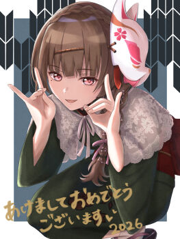 Rule 34 | 1girl, 2026, :d, alternate costume, alternate hairstyle, blunt bangs, border, braid, brown hair, capelet, commentary request, crown braid, dated, double fox shadow puppet, feet out of frame, fingernails, fox mask, fox shadow puppet, green kimono, hair ornament, hair ribbon, hands up, happy new year, heaven burns red, highres, japanese clothes, kimono, kiryuu miya, long hair, long sleeves, looking at viewer, mask, mask on head, mole, mole under eye, new year, open mouth, outside border, pink eyes, pink ribbon, red sash, ribbon, sandals, sash, simple background, single braid, smile, solo, squatting, translation request, white border, white capelet, wide sleeves, yu422yu, yukata