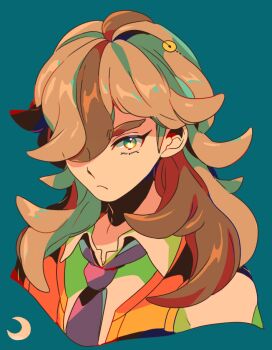 1boy arven_(pokemon) blue_background closed_mouth collared_shirt commentary_request cropped_torso expressionless eyelashes frown hair_over_one_eye long_hair looking_at_viewer male_focus mizuki_tsukimori necktie nintendo pokemon pokemon_sv shirt solo vest