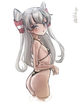 1girl absurdres amatsukaze_(kancolle) ass bikini breasts brown_eyes cropped_legs from_behind gold_bikini grey_hair hair_tubes highleg highleg_bikini highres kantai_collection lilshigu loli looking_at_viewer looking_back simple_background small_breasts solo standing swimsuit thong thong_bikini twitter_username two_side_up white_background