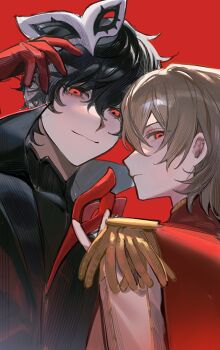 2boys akechi_gorou amamiya_ren beak_mask bird_mask black_hair black_jacket black_shirt brown_hair closed_mouth commentary_request crow_(persona_5) epaulettes expressionless eye_mask formal_clothes gloves hair_between_eyes hand_up highres holding holding_mask jacket joker_(persona_5) looking_at_viewer looking_back male_focus mask multiple_boys mystical_high_collar persona persona_5 profile red_background red_eyes red_gloves red_mask shirt short_hair sideways_glance simple_background smile smilesmile1312 turtleneck unworn_mask upper_body very_short_hair white_mask