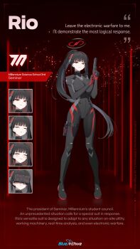 1girl ^_^ absurdres artist_request black_bodysuit black_hair black_halo blue_archive blush bodysuit breast_press breasts bright_pupils character_name closed_eyes closed_mouth commentary english_commentary english_text full_body gun halo handgun hands_up head-mounted_display high_ponytail highres holding holding_gun holding_weapon large_breasts long_hair looking_at_viewer m1911 multicolored_halo multiple_expressions official_alternate_costume official_art parted_lips ponytail red_eyes red_halo rio_(armed)_(blue_archive) rio_(blue_archive) small_sweatdrop standing two-tone_halo very_long_hair weapon