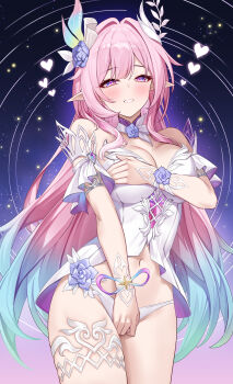 1girl absurdres adapted_costume arm_across_chest bare_shoulders blue_hair blush breasts cleavage commentary_request covering_privates cyrene_(honkai:_star_rail) cyrene_(ripples_of_past_reverie)_(honkai:_star_rail) diamond-shaped_pupils diamond_(shape) dress flower gradient_hair hair_flower hair_intakes hair_ornament heart highres honkai:_star_rail honkai_(series) large_breasts long_hair looking_at_viewer lunacle multicolored_hair navel paid_reward_available panties parted_lips partial_commentary pink_hair pointy_ears purple_eyes purple_flower purple_rose rose sidelocks smile solo stomach symbol-shaped_pupils thighs underwear very_long_hair white_dress white_panties