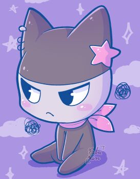 1boy absurdres angry animal_hat blush_stickers cat_hat chibi chibi_only colored_skin commentary creature creature_focus english_commentary faburin frown grey_skin hat highres kuromametchi male_focus neckerchief purple_background purple_neckerchief sitting solo sparkle star_(symbol) tamagotchi tamagotchi:_the_movie tamagotchi_(creature) tamagotchi_uchuu_ichi_happy_na_monogatari!? watermark