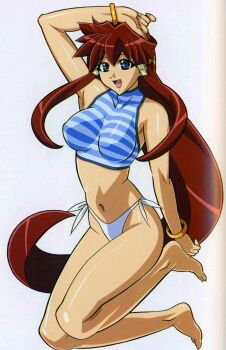 00s 1girl :d arm_up barefoot bikini blue_eyes blush bracelet breasts dita_liebely female_focus highleg highleg_bikini highres jewelry kuroda_kazuya large_breasts long_hair navel official_art open_mouth ponytail red_hair scan side-tie_bikini_bottom sidelocks smile solo swimsuit tank_top vandread very_long_hair