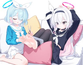 2girls absurdres arms_up arona_(blue_archive) barefoot black_choker black_eyes black_hairband black_pantyhose black_sailor_collar black_serafuku black_shirt black_skirt blue_archive blue_hair blue_halo blue_shirt bow braid chinese_commentary choker closed_eyes closed_mouth colored_inner_hair commentary_request couch eugenecolin eyes_visible_through_hair feet foot_focus foreshortening hair_bow hair_over_one_eye hairband halo highres holding holding_scissors large_variant_set long_hair long_sleeves medium_hair miniskirt multicolored_hair multiple_girls neckerchief on_couch open_mouth pantyhose pink_hair plana_(blue_archive) pleated_skirt puffy_long_sleeves puffy_sleeves red_halo red_pupils sailor_collar sailor_shirt school_uniform scissors serafuku shirt side_braid single_braid skirt smile soles toes torn_clothes torn_pantyhose two-tone_hair variant_set white_bow white_choker white_hair white_hairband white_neckerchief white_sailor_collar white_skirt