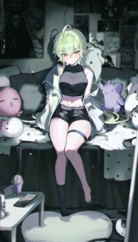 Rule 34 | 1girl, absurdres, ahoge, aqua eyes, black shirt, black shorts, black socks, blush, bright pupils, closed mouth, commentary, cropped shirt, full body, green hair, green jacket, green theme, gurami (zangizarang), hair between eyes, highres, indoors, jacket, legs, long hair, looking at viewer, midriff, multicolored eyes, navel, no shoes, on bed, open clothes, open jacket, original, poster (object), red eyes, shirt, short shorts, shorts, single bare foot, single bare shoulder, single sock, sitting, sleeveless, sleeveless shirt, socks, solo, stuffed toy, symbol-only commentary, thigh strap, two-tone eyes, white pupils