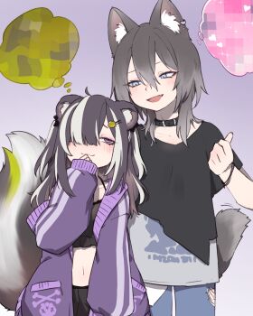 13o animal_ear_fluff black_collar black_hair black_shirt blue_eyes blue_pants blush censored closed_mouth collar collarbone commentary_request crop_top grey_shirt hair_between_eyes hair_ornament hair_over_one_eye hairclip heart highres jacket long_sleeves mosaic_censoring multicolored_hair navel off_shoulder open_clothes open_jacket original pants piercing pointing puffy_long_sleeves puffy_sleeves purple_background purple_jacket shirt short_sleeves simple_background skunk_ears skunk_girl skunk_tail sleeves_past_wrists streaked_hair tongue_piercing torn_clothes torn_pants two_side_up white_hair