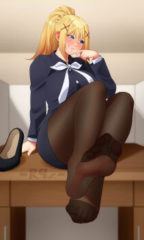 1girl absurdres averting_eyes biting_own_lip blonde_hair blue_eyes blush darkness_(konosuba) feet heart heart-shaped_pupils highres kono_subarashii_sekai_ni_shukufuku_wo! long_hair looking_to_the_side pantyhose parted_lips ponytail r9z shoes single_shoe soles symbol-shaped_pupils toes unworn_shoes