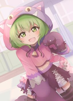 1girl animal_costume animal_hands assault_lily bell cat_costume commentary_request fang gloves green_eyes green_hair hood hood_up kaya_(kaiana) looking_at_viewer midriff navel open_mouth paw_gloves pink_shirt shirt short_hair skirt solo torn_clothes torn_skirt yoshimura_thi_mai