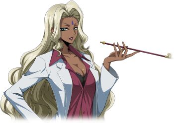 1girl artist_request black_bra blonde_hair blue_eyes bra bra_peek breasts cleavage coat code_geass code_geass:_lost_stories collarbone collared_shirt cropped_torso dark-skinned_female dark_skin facial_mark female_focus forehead forehead_mark game_cg half-closed_eyes hand_up highres holding holding_smoking_pipe hookah lipstick long_hair long_sleeves looking_at_viewer makeup medium_breasts non-web_source official_art open_clothes open_coat open_shirt parted_lips rakshata_chawla red_lips red_shirt shirt sidelocks simple_background smoking_pipe solo standing teeth transparent_background underwear upper_body v-shaped_eyebrows white_coat