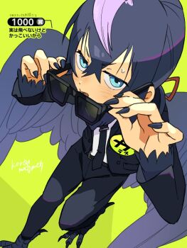 Rule 34 | 1boy, aki (korisumochi), animal feet, bird legs, bird wings, black necktie, black suit, blue eyes, blue feathers, blue hair, blue wings, claws, commentary request, feathered wings, feathers, fingernails, formal clothes, full body, green background, hands up, harpy boy, highres, holding, holding removed eyewear, korisumochi, looking at viewer, male focus, monster boy, neck feathers, necktie, original, sharp fingernails, short hair, simple background, solo, standing, standing on one leg, suit, sunglasses, talons, unworn eyewear, wings