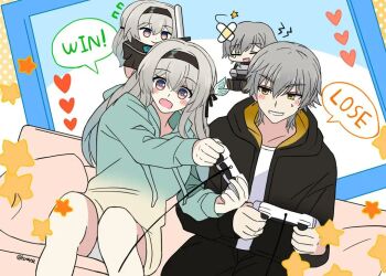 1boy 1girl black_hood black_jacket black_pants black_ribbon blue_eyes blush brown_hairband caelus_(honkai:_star_rail) controller couch firefly_(honkai:_star_rail) game_controller green_hoodie grey_hair hair_between_eyes hair_ornament hair_ribbon hairband holding holding_controller holding_game_controller honkai:_star_rail honkai_(series) hood hooded_jacket hoodie hyohls2_(hamao3o) jacket joystick long_hair long_sleeves multicolored_eyes on_couch open_mouth pants pink_eyes ribbon shirt short_hair smile trailblazer_(honkai:_star_rail) two-tone_eyes white_shirt yellow_eyes