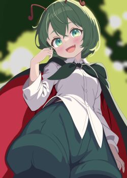 1girl absurdres antennae black_cape blush cape commentary crossed_bangs double-parted_bangs fang from_below green_eyes green_hair green_shorts highres looking_at_viewer nara_(gsx250r_anzio) puffy_shorts shirt short_hair shorts smile solo touhou twirling_hair two-sided_cape two-sided_fabric white_shirt wriggle_nightbug