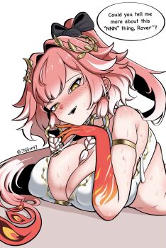 1girl armlet bare_shoulders bikini black_bow blush bow braid breasts changli_(laurel_nymph)_(wuthering_waves) changli_(wuthering_waves) colored_extremities commentary covered_erect_nipples english_commentary english_text feather_hair hair_bow hair_extensions hair_intakes highres huge_breasts jewelry jngen97 laurel_crown long_hair looking_at_viewer multicolored_hair nose_blush official_alternate_costume open_mouth pink_hair red_hands ring_hair_extensions smile solo sweat swimsuit twin_braids two-tone_hair upper_body white_background white_bikini white_hair wuthering_waves yellow_eyes