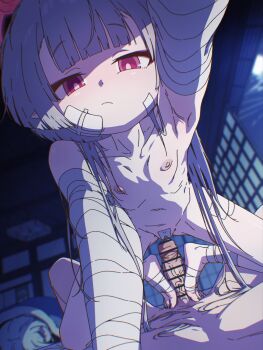 1boy 1girl :/ arm_support armpits bandaged_arm bandages bar_censor barefoot blue_archive blurry blurry_background blush ceiling_light censored character_request commentary erection feet flat_chest footjob foreshortening funen_gomi_m futon gauze gauze_on_cheek gauze_on_face grey_hair halo hetero highres indoors loli long_hair looking_at_viewer moon navel night nipples outstretched_arm penis pointy_ears pov pov_crotch red_eyes red_halo shouji shuro_(blue_archive) sidelighting sliding_doors toes two-footed_footjob under_covers veins veiny_penis