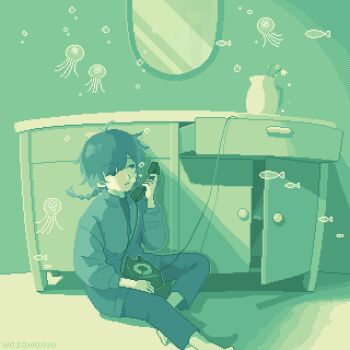 Rule 34 | 1girl, air bubble, antique phone, braid, bubble, cabinet, commentary request, corded phone, dithering, drawer, fish, green theme, highres, jellyfish, mirror, monochrome, on floor, original, pants, phone, pixel art, receiver, rotary phone, sitting, solo, twin braids, wasawa030