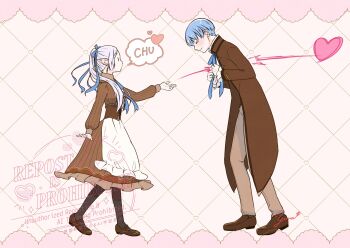 &gt;_&lt; 1boy 1girl apron aruna black_pantyhose blue_hair blue_ribbon blush brown_coat brown_dress brown_shoes clutching_chest coat couple dress earrings elf frieren full_body grey_hair grey_pants hair_between_eyes hair_over_one_eye hair_ribbon hetero highres himmel_(sousou_no_frieren) jewelry long_coat long_hair neck_ribbon outstretched_hand pants pantyhose parted_bangs pointy_ears ribbon shoes short_hair sidelocks sousou_no_frieren twintails waist_apron